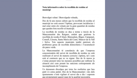 Portada Comunicat sobre la problemàtica creada pel deficient servei de recollida de residus