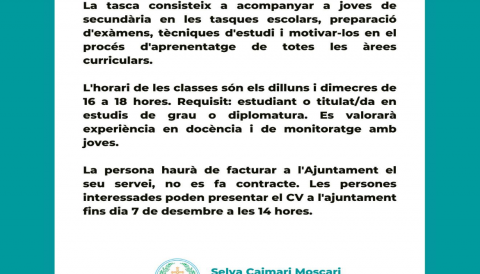 Portada Portada L'ajuntament de Selva requereix professora de suport per participar en el Projecte Socioeducatiu per alumnes d'ESO