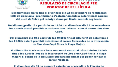 Portada Regulació de circulació per rodatge de pel·lícula