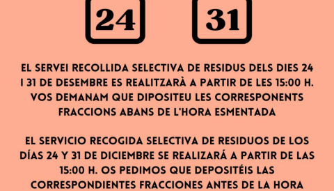 Portada Servei recollida selectiva de residus dels dies 24 i 31 de desembre
