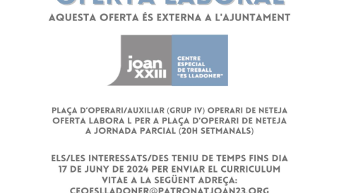 Portada Oferta laboral plaça d'operari de neteja
