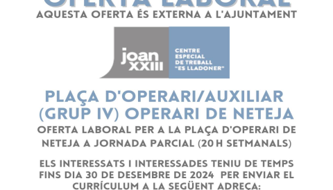 Portada Plaça d'operari/auxiliar (Grup IV) de neteja