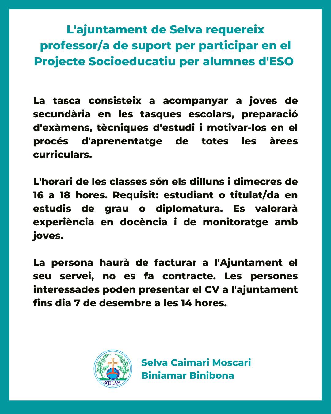 L'ajuntament de Selva requereix professor/a de suport per participar en el Projecte Socioeducatiu per alumnes d'ESO