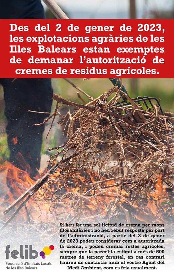 Les explotacions agràries de les Illes Balears estan exemptes de demanar l'autorització de cremes de residus agrícoles