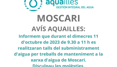 Portada Avís Aquailles - Talls del subministrament d'aigua a Moscari